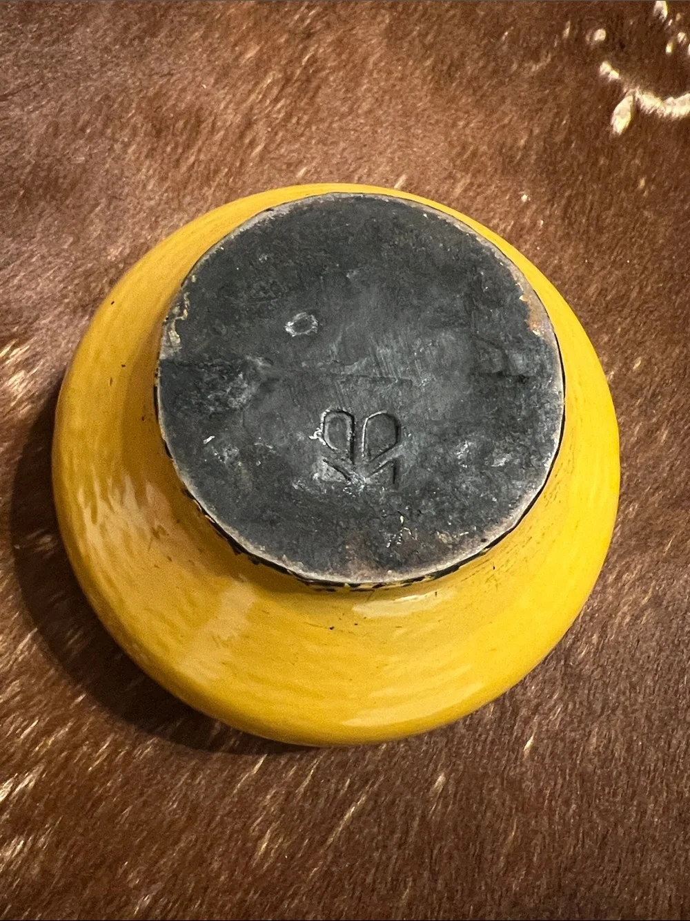 Vintage Yellow Enameled Cast Iron Mini Cauldron Pot with Lid